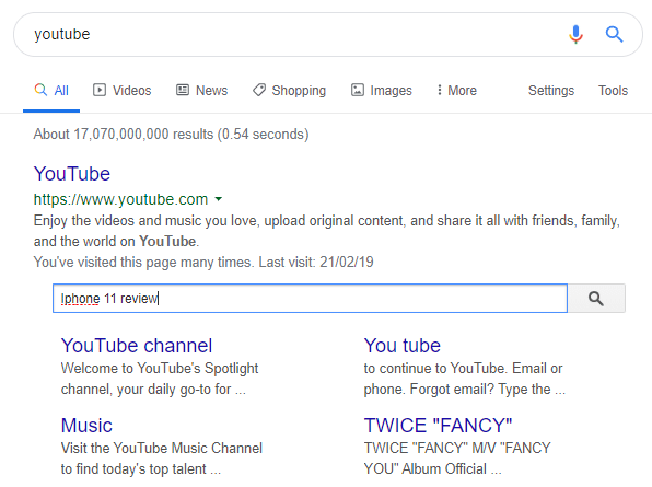 google search for youtube